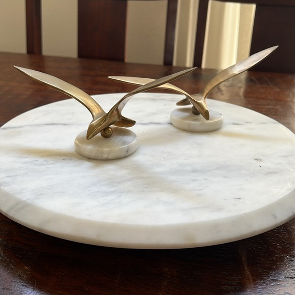 2 MCM Small Solid Brass Seagulls in Flight Sculpture Figurines Marble Mounted - Picture 1 of 10